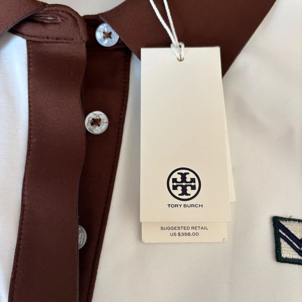 Tory Burch Neoprene Polo Golf Dress Snow White and Mocha Chip 161375 Size L NWT